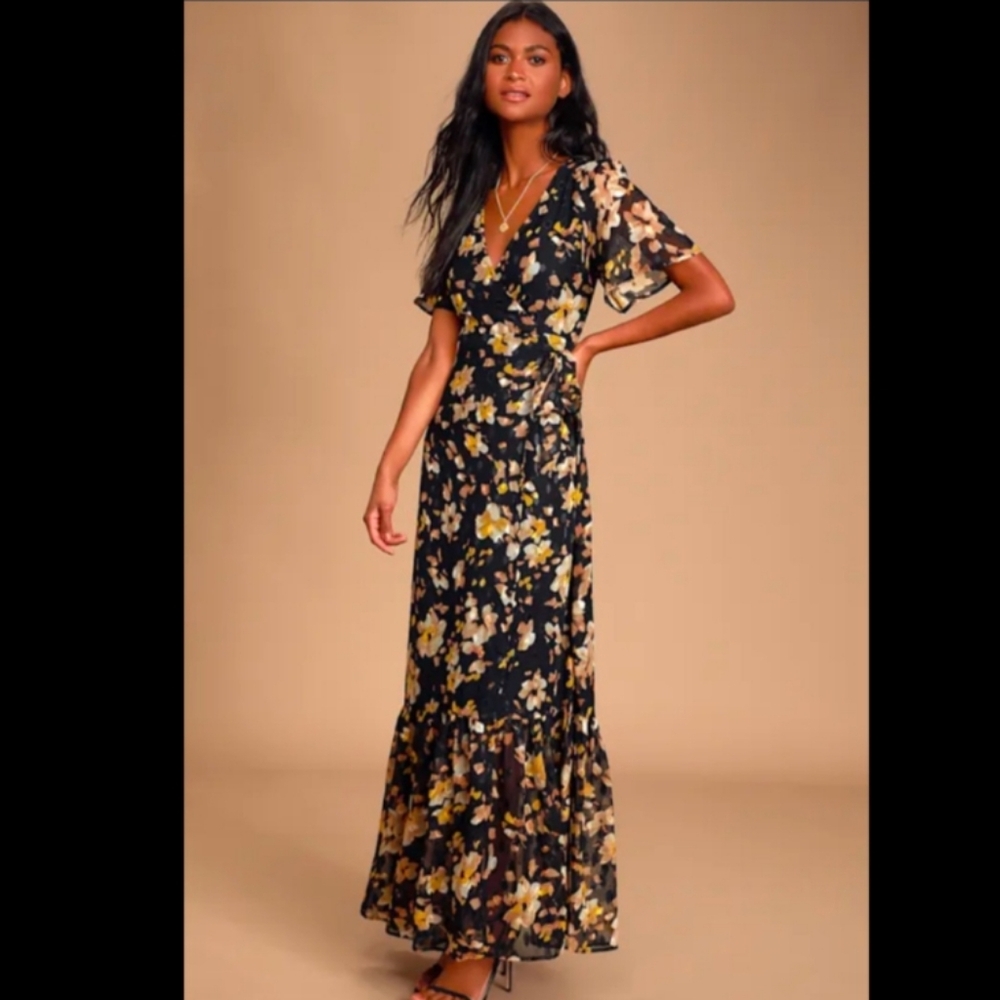 Lulu's Black and Yellow Floral Maxi Dress